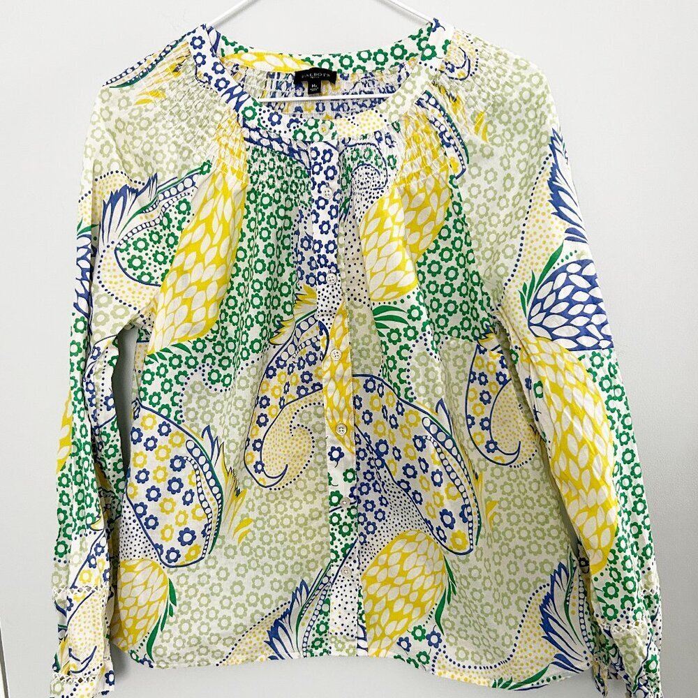 Talbots Medium Petite Green Yellow Blue Paisley Smocked Button Down Long Slv Top